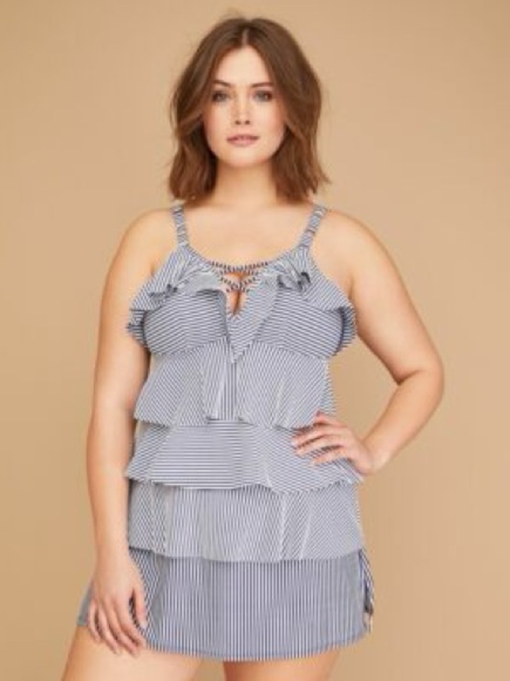 Lane Bryant Cacique Swim Tankini Blue and White Striped Tiered Ruffle Seersucker